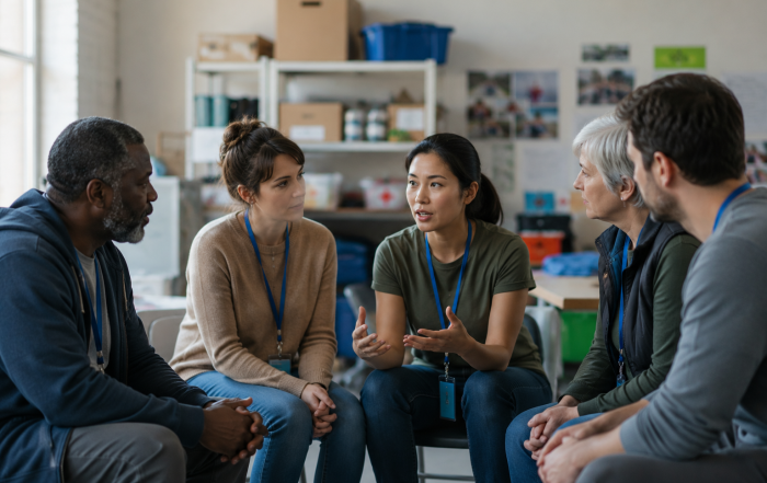 Diverse group of volunteers having a respectful discussion during a team meeting at a nonprofit organization.