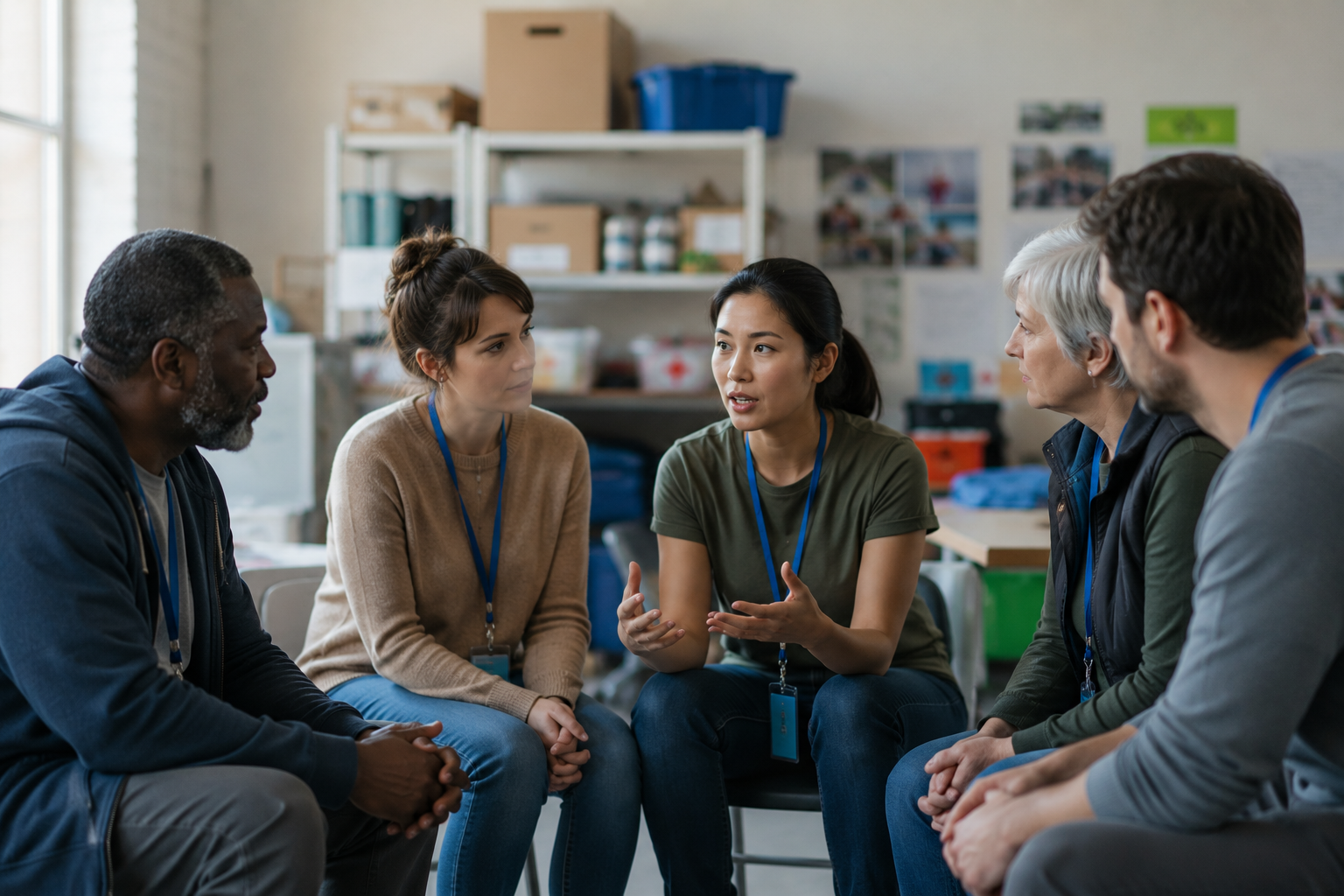 Diverse group of volunteers having a respectful discussion during a team meeting at a nonprofit organization.