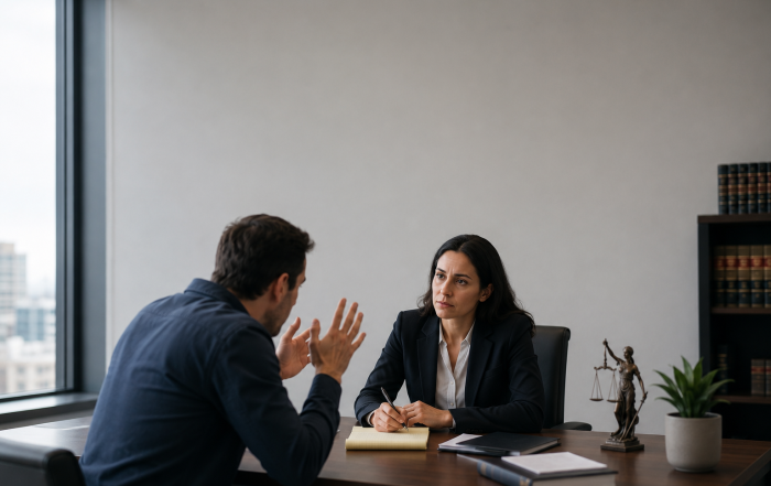 Attorney listening attentively to an upset client during a legal consultation in a modern law office.