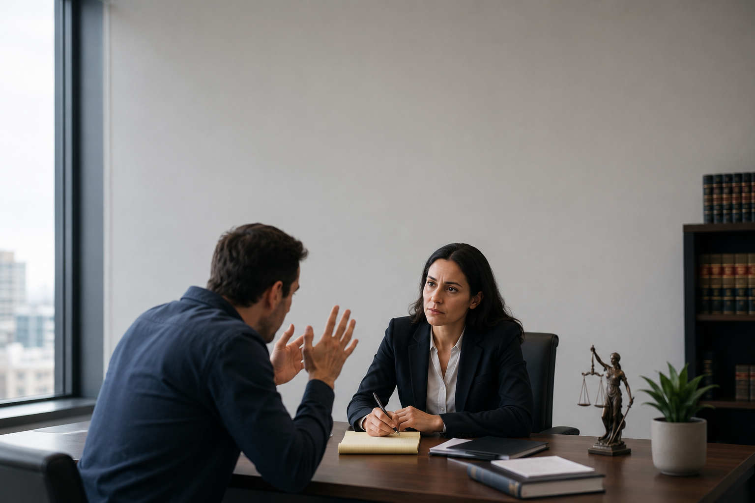 Attorney listening attentively to an upset client during a legal consultation in a modern law office.