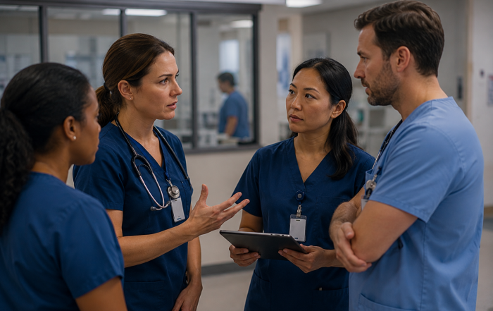 Healthcare professionals collaborating during a patient care discussion in a hospital setting.