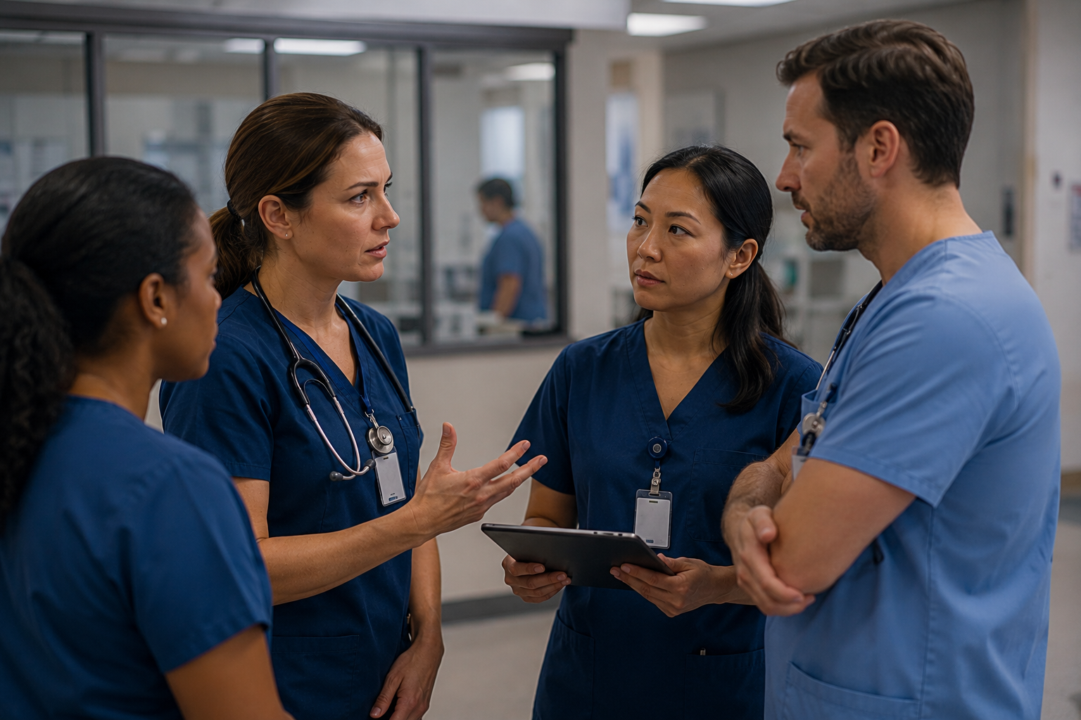Healthcare professionals collaborating during a patient care discussion in a hospital setting.
