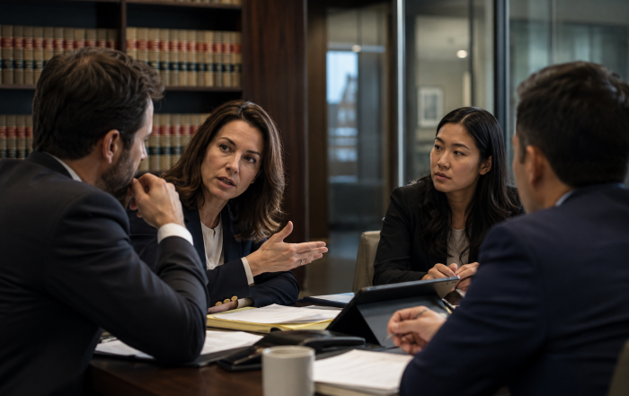 Group of attorneys meeting in a law firm conference room and discussing a workplace conflict with professionalism and active listening.