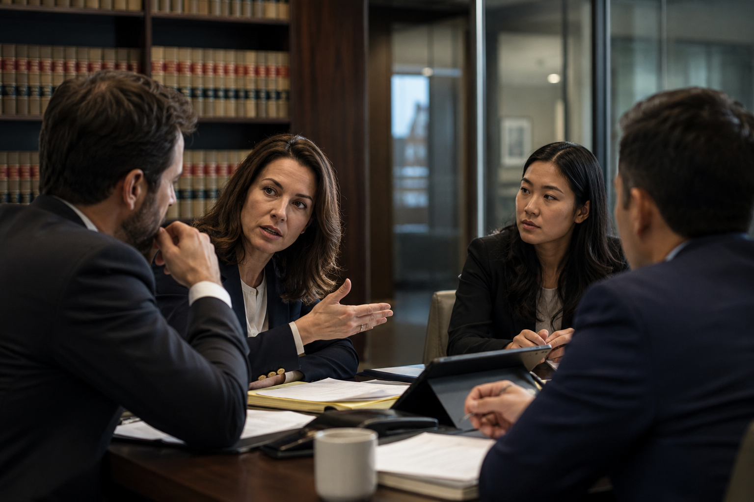Group of attorneys meeting in a law firm conference room and discussing a workplace conflict with professionalism and active listening.