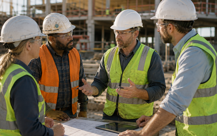 Construction project team discussing plans and resolving project issues at an active commercial jobsite.
