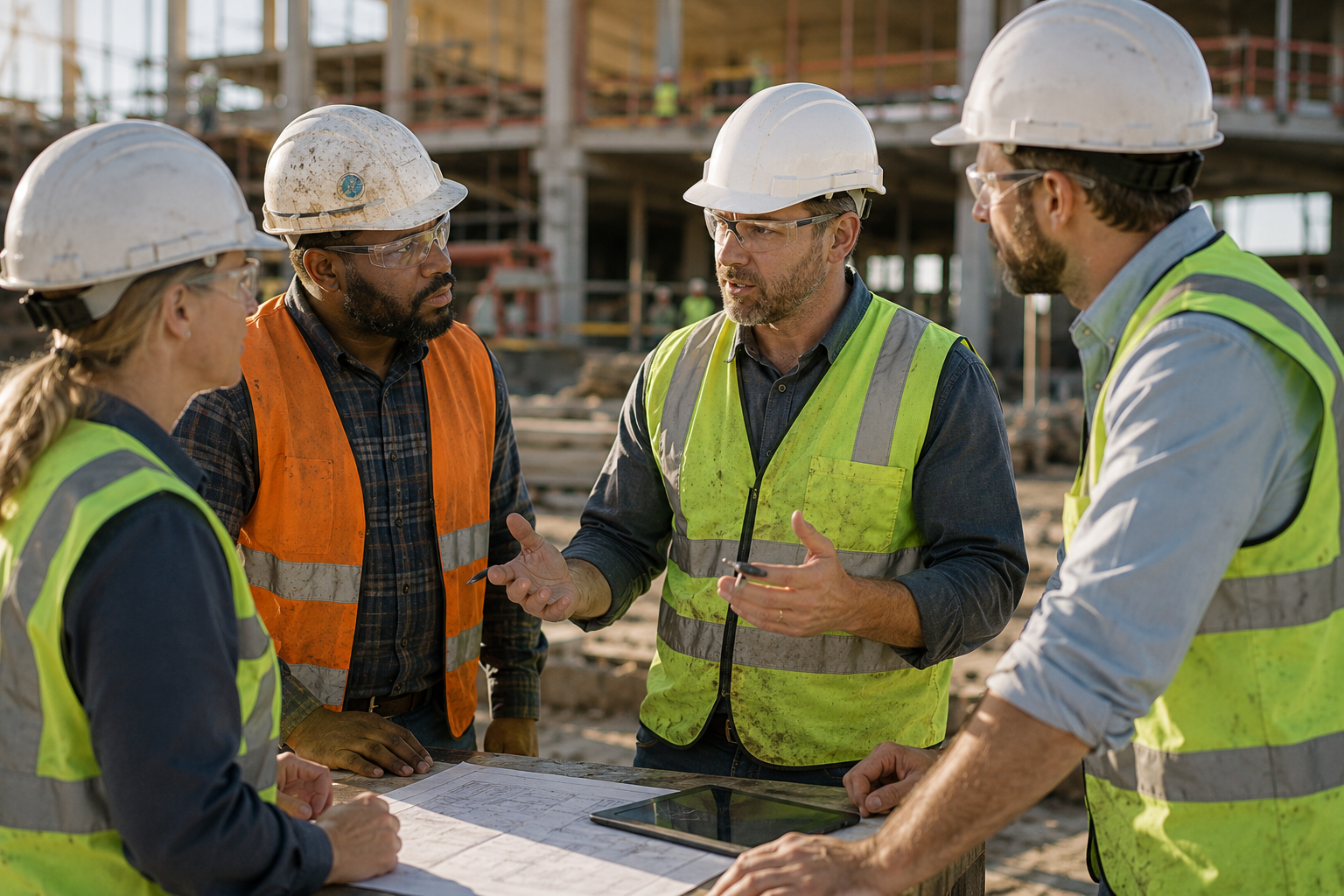 Construction project team discussing plans and resolving project issues at an active commercial jobsite.