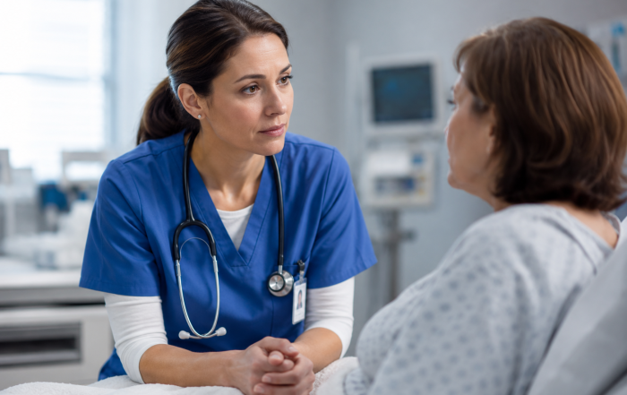 Nurse using calm communication and de-escalation techniques to support an agitated patient in a hospital setting.