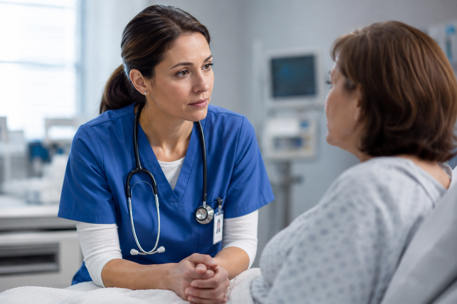 Nurse using calm communication and de-escalation techniques to support an agitated patient in a hospital setting.