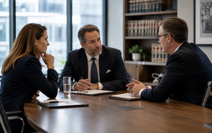 Three law firm partners meeting in a conference room to discuss leadership decisions and resolve a partnership dispute through professional communication.