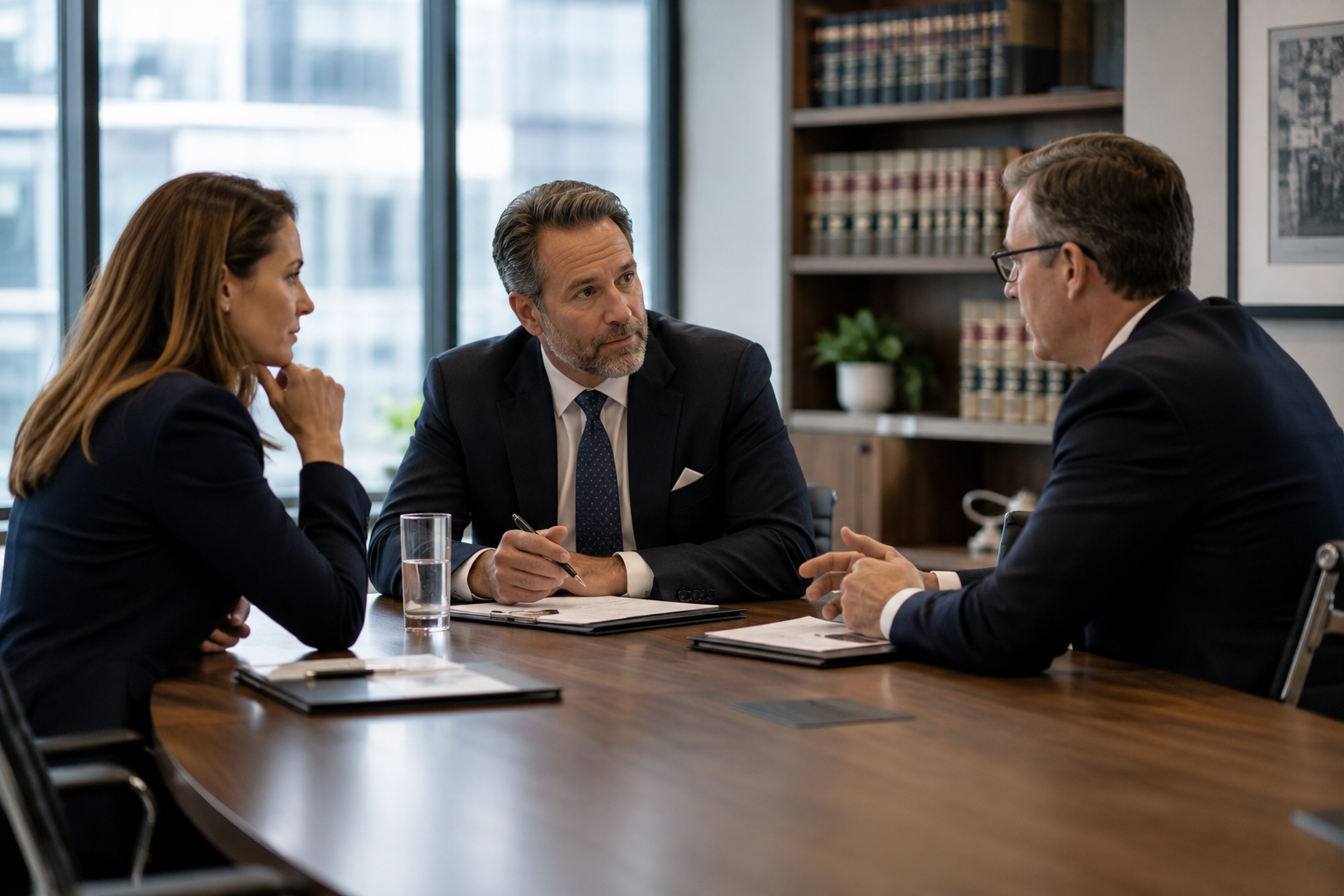 Three law firm partners meeting in a conference room to discuss leadership decisions and resolve a partnership dispute through professional communication.