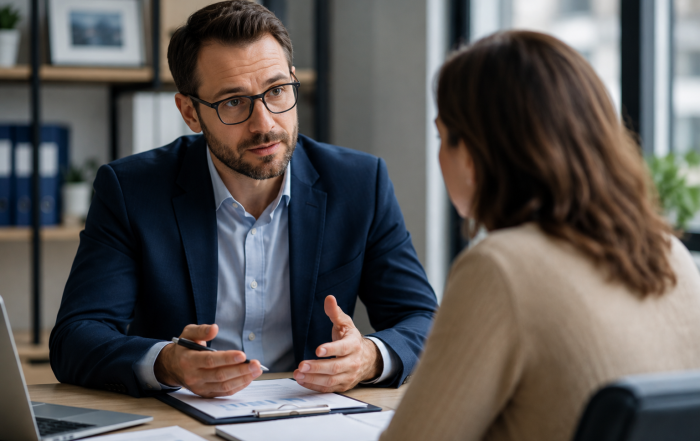 Financial advisor listening attentively to a client during a difficult financial conversation about market uncertainty using calm, empathetic communication.